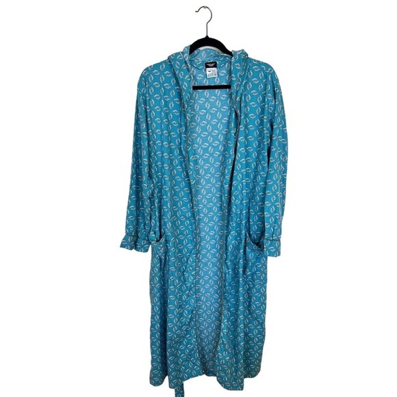 American Heaven Blue Penguin Print Cotton House Robe Medium Hood Pockets Animals - Picture 1 of 11